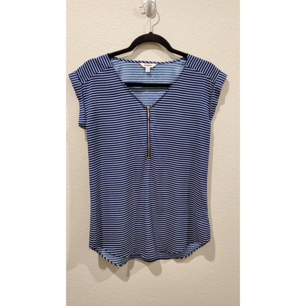 EXPRESS Zipper V-neck Striped Blouse - Picture 1 of 4